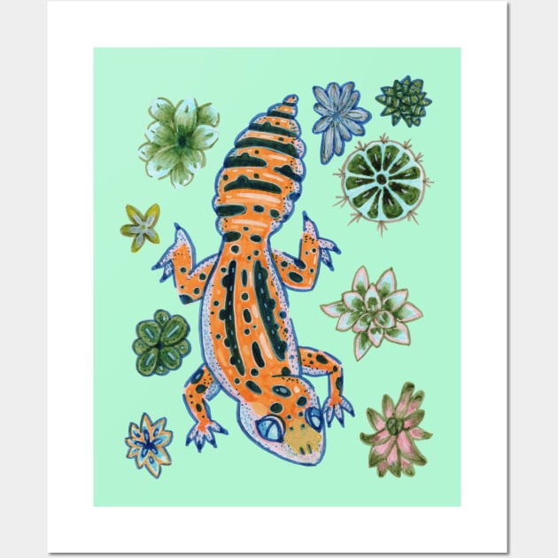Yellow Leopard Gecko and Succulent Plants Wall Art by narwhalwall
